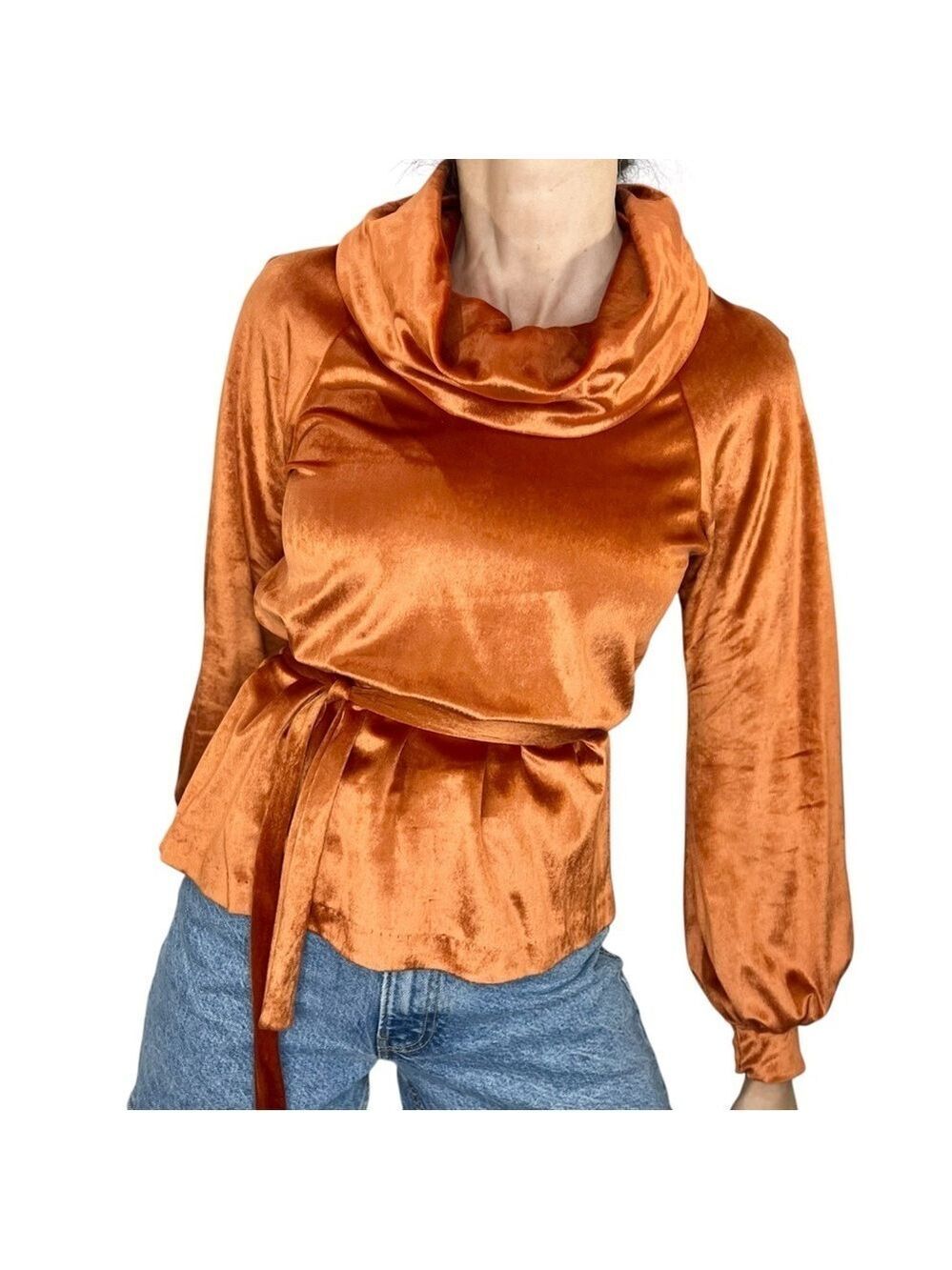 Vintage 70s Hi Georgie Canadian made burnt orange belted velour cowl neck top 9